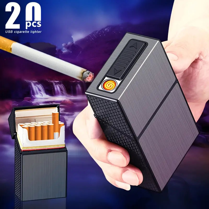 Isqueiro Recarregável USB 2-em-1 & Estojo para Cigarros - Capacidade para 20 Cigarros, À Prova de Umidade, Plástico Durável, Design Unissex