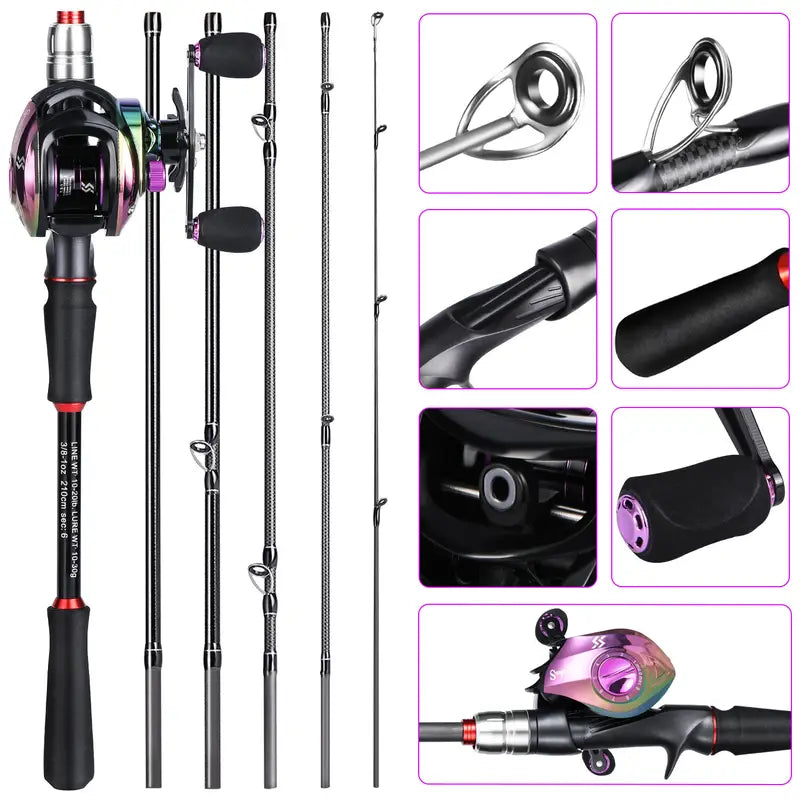 Conjunto de equipamentos de pesca Sougayilang, incluindo vara de pesca de fibra de carbono de 6 pés/1,8 m em 5 seções, carretel de pesca com relação de engrenagem colorida de 7,2:1, linha de pesca, isca de pesca e outros acessórios