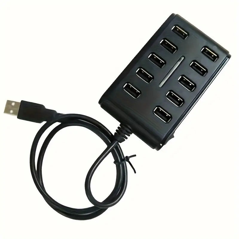 Hub USB compacto de 10 portas com interruptor - Durável, portátil e perfeito para carregar no escritório ou em casa