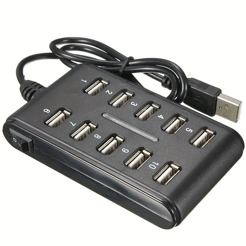 Hub USB compacto de 10 portas com interruptor - Durável, portátil e perfeito para carregar no escritório ou em casa