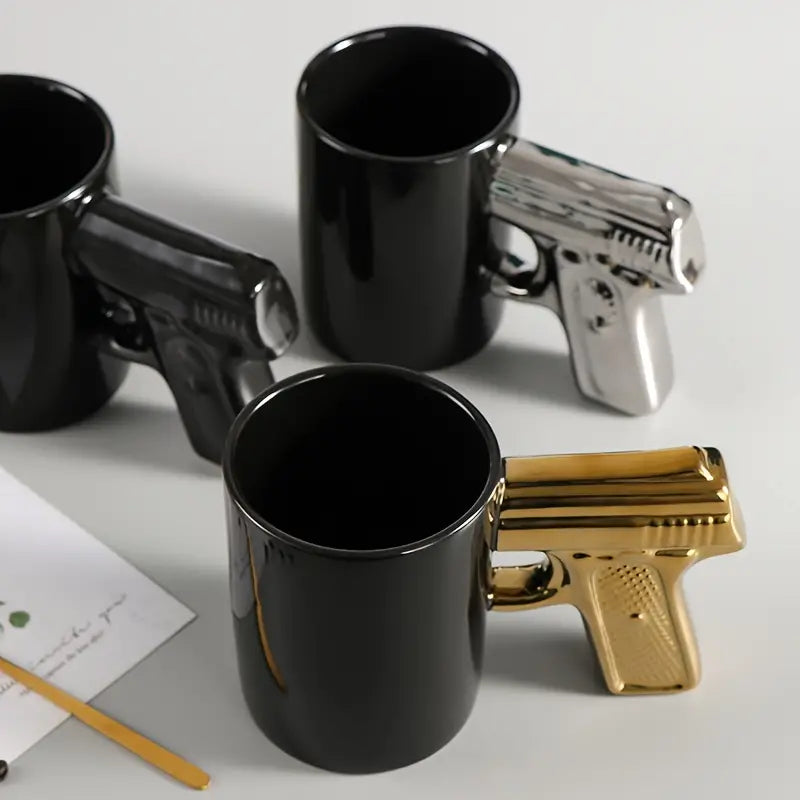 Caneca criativa em formato de cabo de pistola, em cerâmica, dourada e prateada, para água fervente ou café, com capacidade de 350ml/11.8oz.