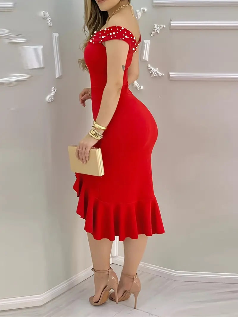 Vestido túnica ombro a ombro com babado sólido e detalhes de bordado, Vestidos bodycon sensuais para festas, Roupas femininas para se vestir em festas