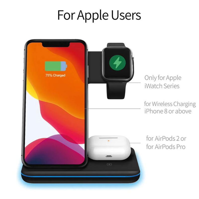 Carregador Sem Fio iPhone Apple Watch AirPods Indução 3 em 1