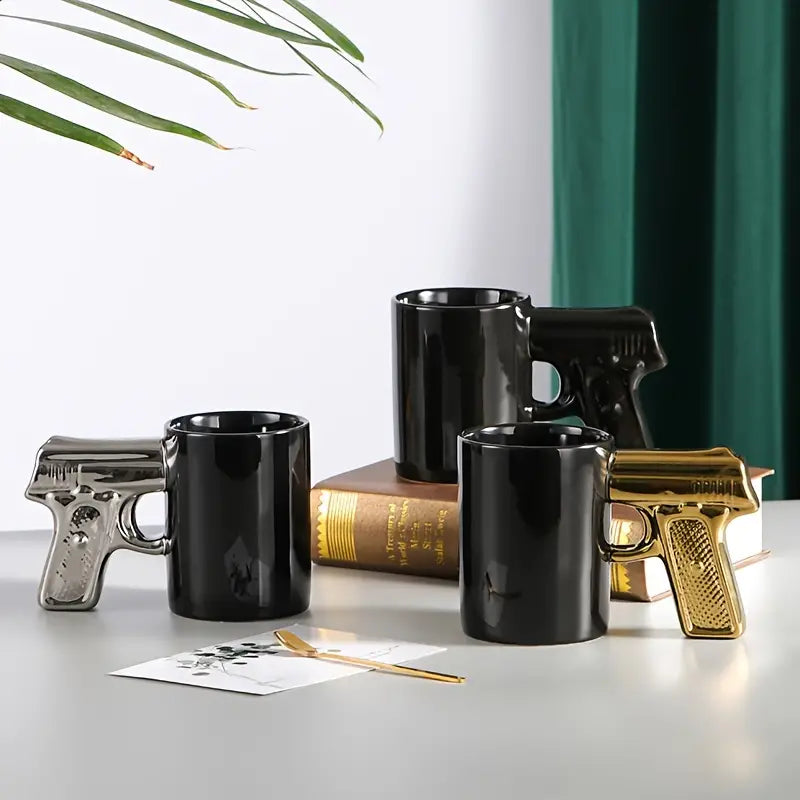 Caneca criativa em formato de cabo de pistola, em cerâmica, dourada e prateada, para água fervente ou café, com capacidade de 350ml/11.8oz.