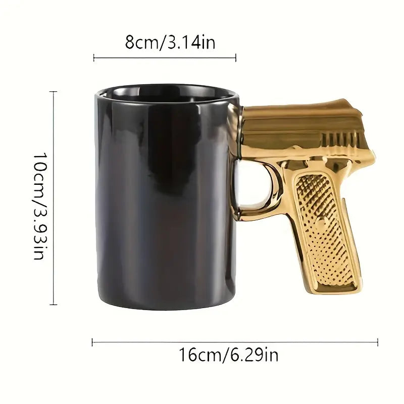 Caneca criativa em formato de cabo de pistola, em cerâmica, dourada e prateada, para água fervente ou café, com capacidade de 350ml/11.8oz.