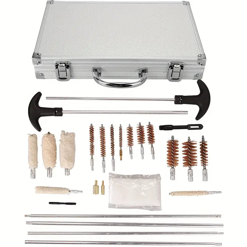 Kit Completo de Limpeza de Armas com Cabo - Serve para Todos os Calibres, Inclui Escovas de Latão e Nylon, Adaptadores, Patches e Mais para Entusiastas de Caça e Tiro Kit de Limpeza de Armas com Óleo e Limpeza